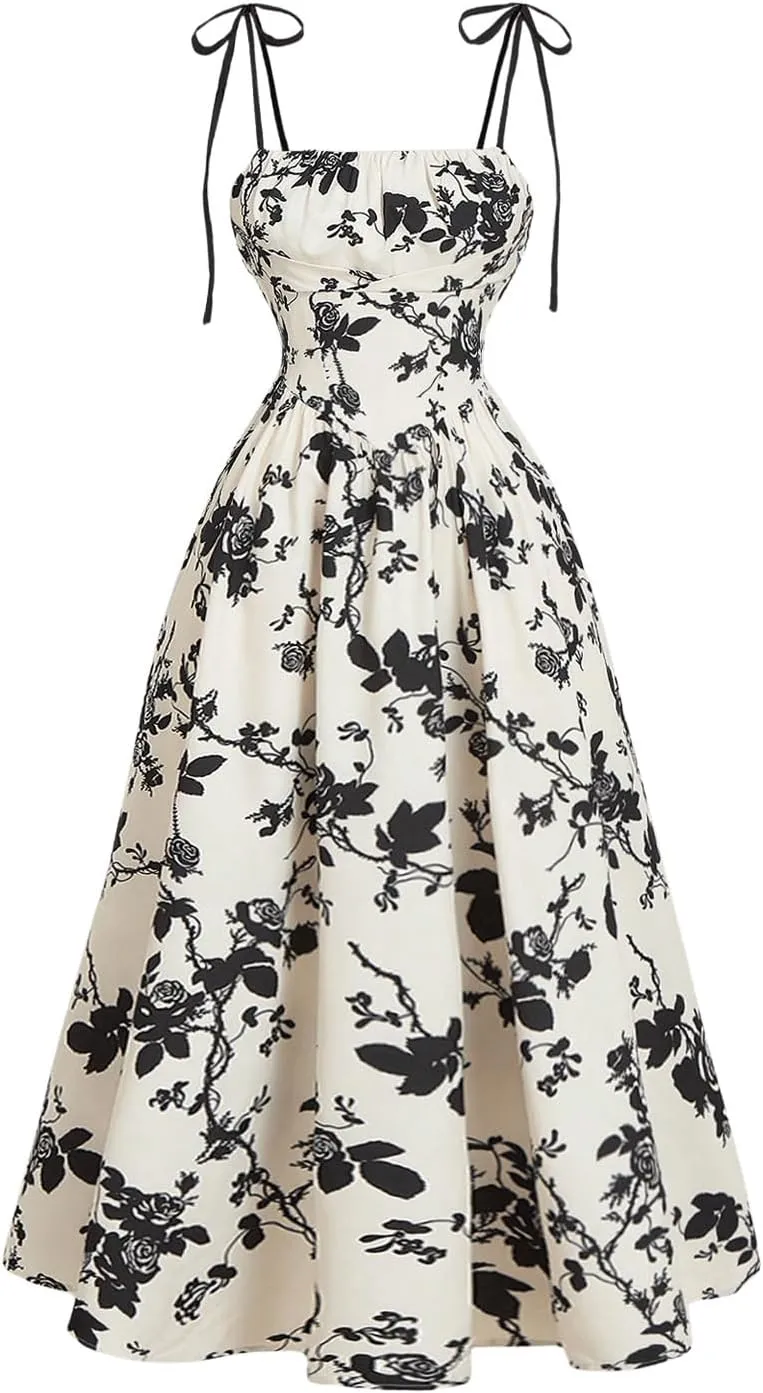 SHENHE Women's Floral Bustier Corset Dress Tie Shoulder Smocked Flowy Boho Long Dress Sundress