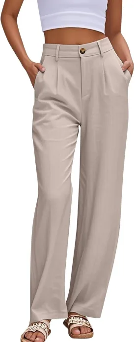 Straight Leg Pants for Women Lightweigjht Cotton Linen Pant Casual High Waisted Pants Business Office Work Trouses
