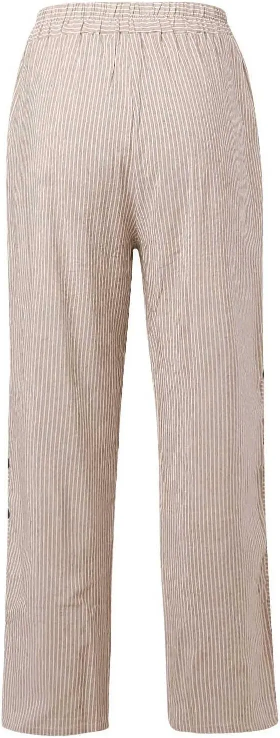 Striped Pants Women Summer Trendy Side Button Lightweight Elastic Waist Straight Leg Casual Trousers with Pockets