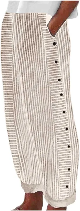 Striped Pants Women Summer Trendy Side Button Lightweight Elastic Waist Straight Leg Casual Trousers with Pockets