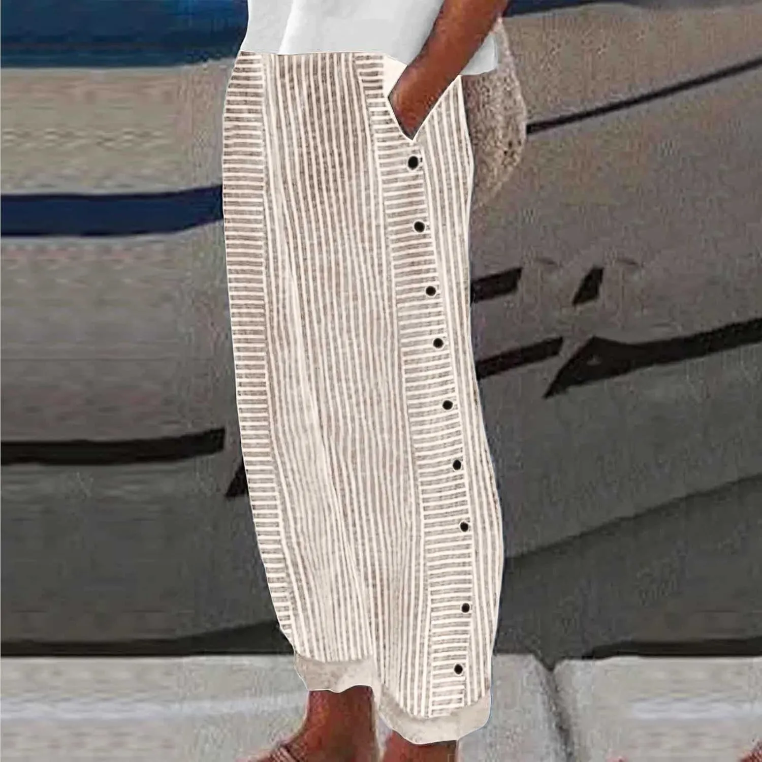 Striped Pants Women Summer Trendy Side Button Lightweight Elastic Waist Straight Leg Casual Trousers with Pockets