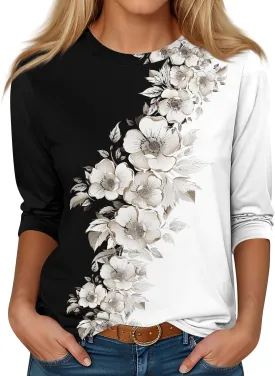 Summer Shirts for Women 3/4 Length Sleeve Crewneck Tops Trendy Loose Casual Printed Three Quarter Cute Blouse