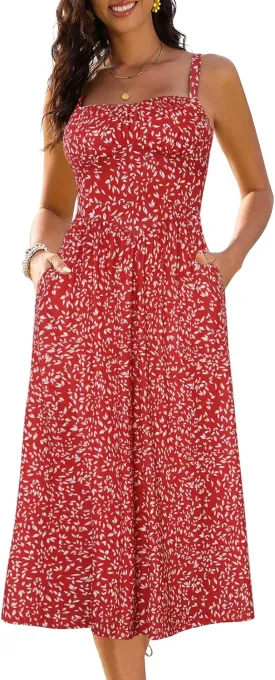 Sureple Long Dresses for Women 2025 Sleeveless Ruched Bust Swing Aline Fitted Spaghetti Strap Sundress with Pockets