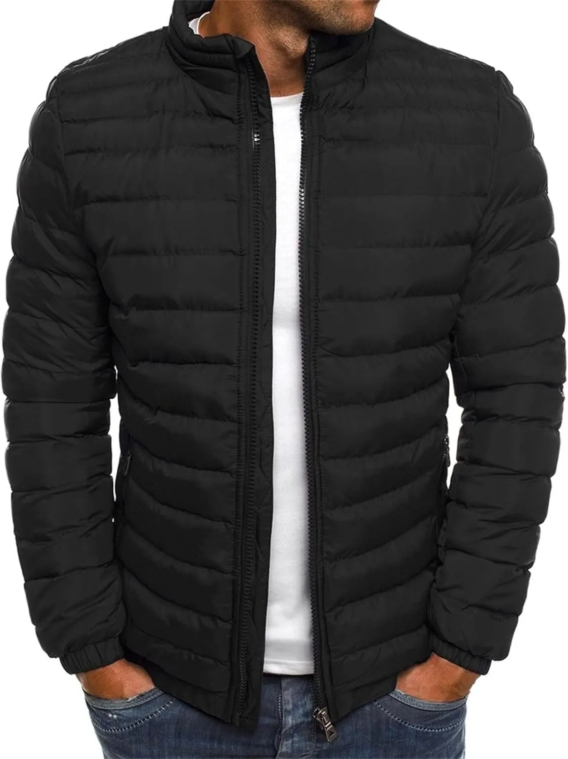 tuduoms Men's Down Jacket No Hood Winter Fashion Stand Collar Bomber Jacket Casual Quilted Lightweight Snow Ski Puffer Coat