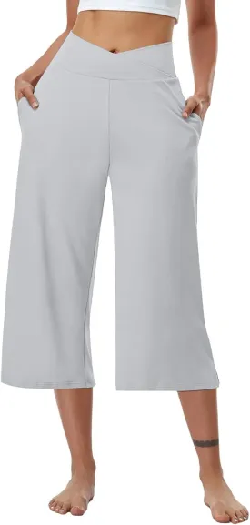 Wide Leg Capri Pants for Women Crossover High Waisted Yoga Pants Summer Loose Fitting Soft Capris with Pockets