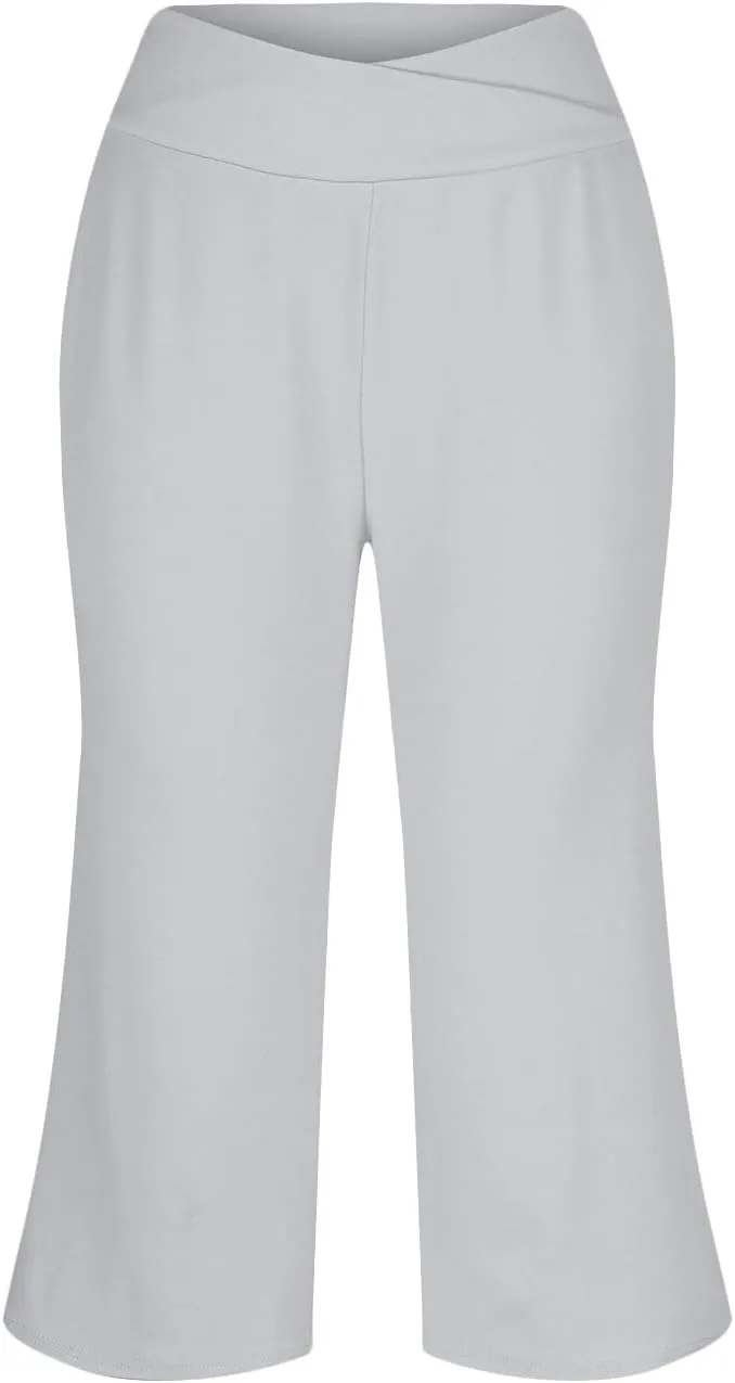 Wide Leg Capri Pants for Women Crossover High Waisted Yoga Pants Summer Loose Fitting Soft Capris with Pockets