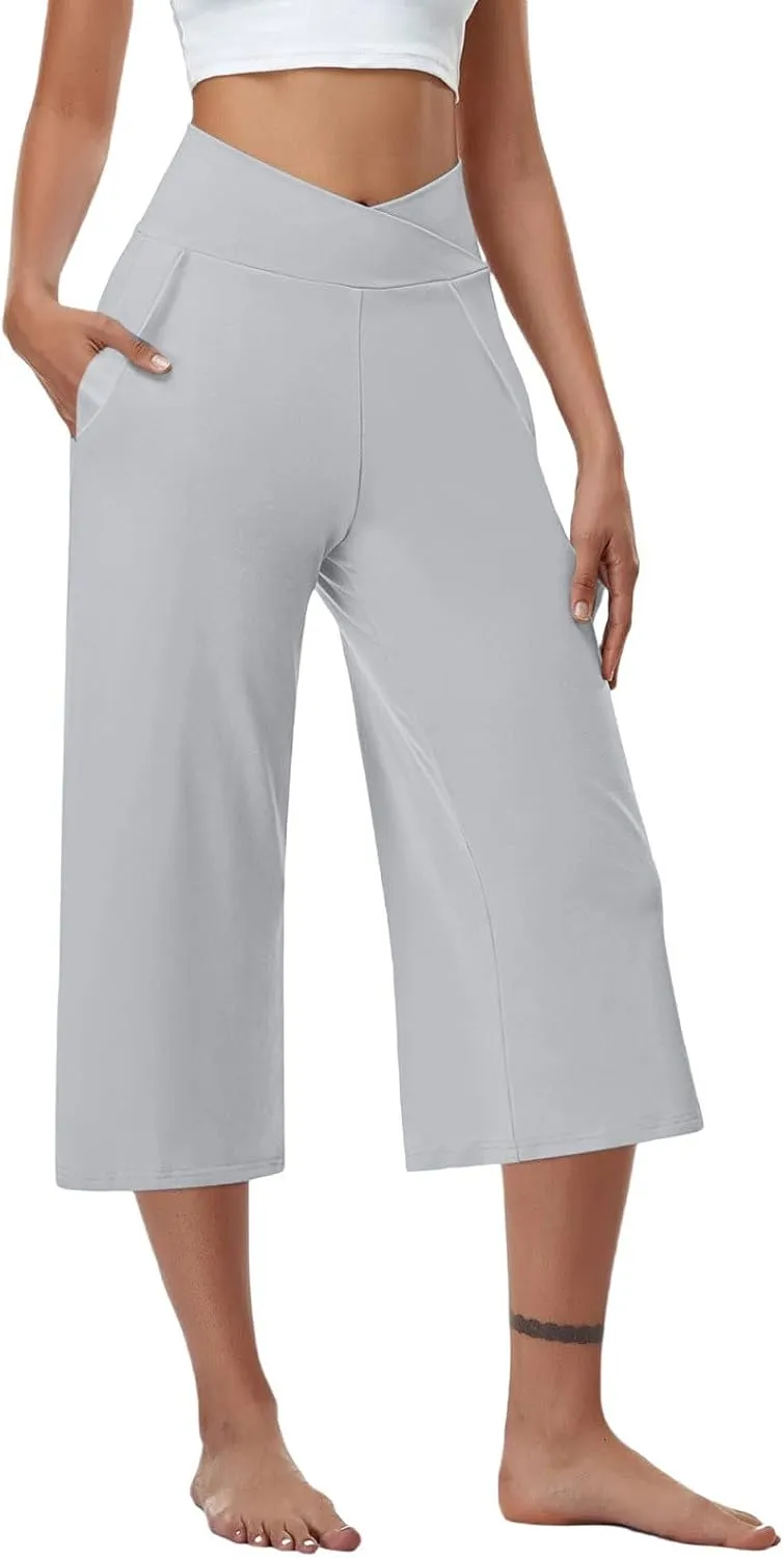 Wide Leg Capri Pants for Women Crossover High Waisted Yoga Pants Summer Loose Fitting Soft Capris with Pockets