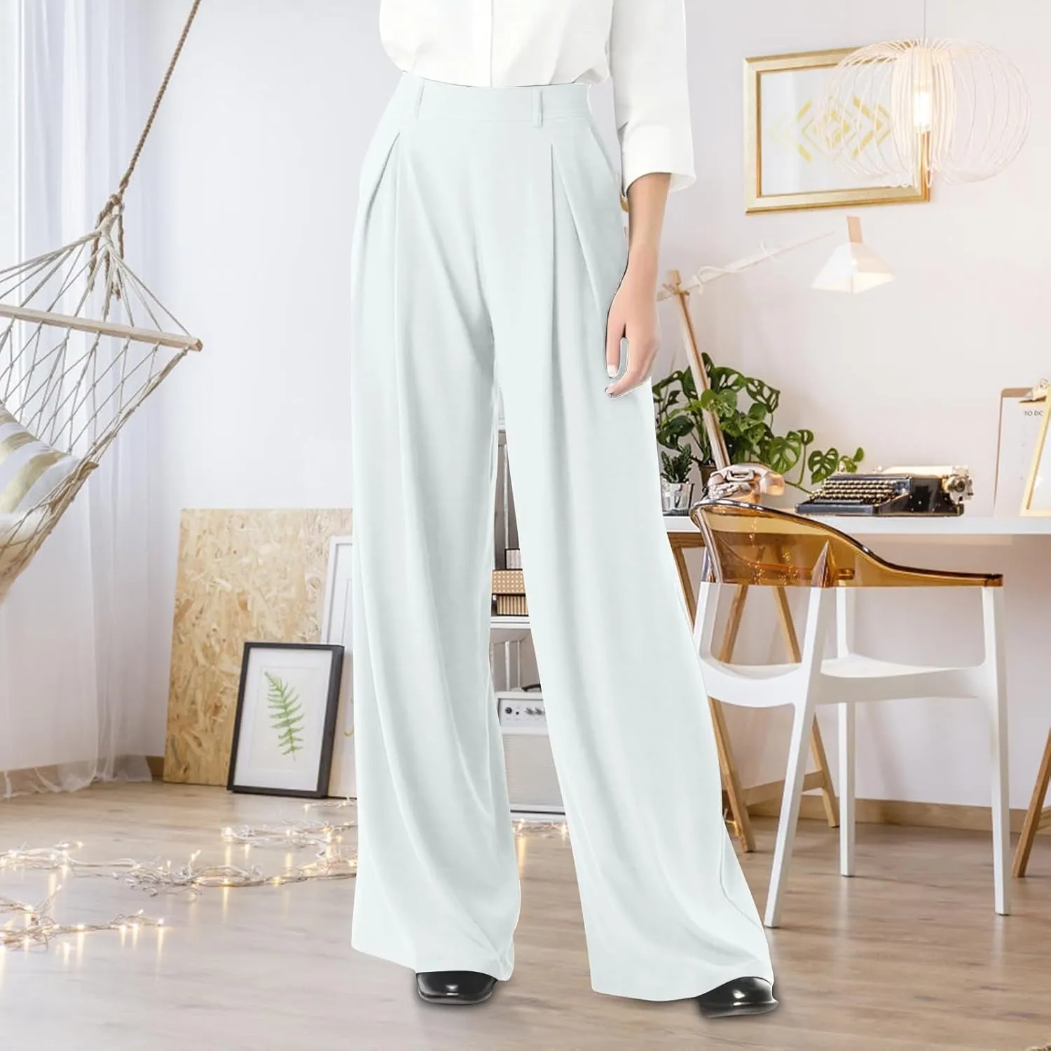 Wide Leg Pants for Women Business Palazzo Pants Lightweight High Waist Button Regular Long Trousers with Pockets