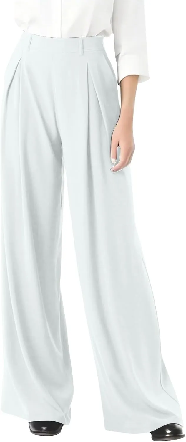 Wide Leg Pants for Women Business Palazzo Pants Lightweight High Waist Button Regular Long Trousers with Pockets
