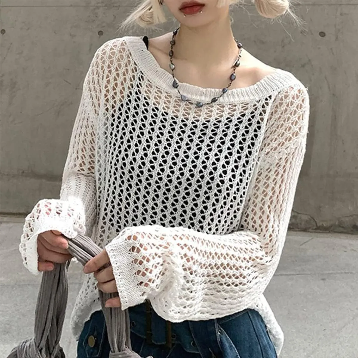 Women Knit Crochet Hollow Out Fishnet Top Long Sleeve See Through Mesh Shirt Sexy Club Streetwear