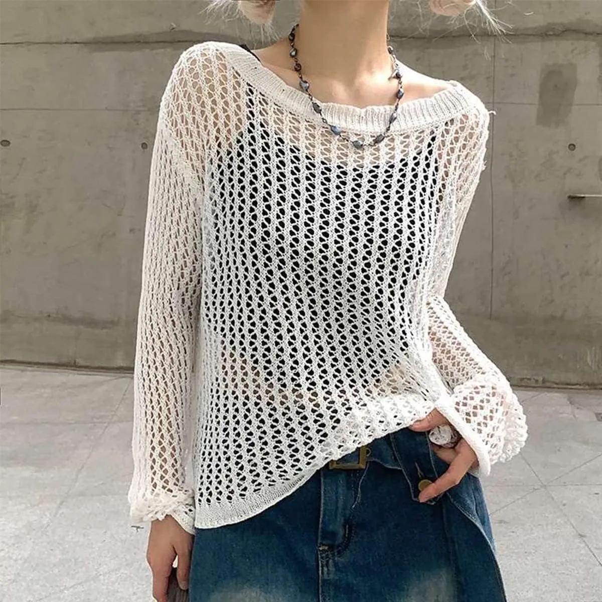 Women Knit Crochet Hollow Out Fishnet Top Long Sleeve See Through Mesh Shirt Sexy Club Streetwear