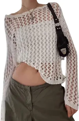 Women Knit Crochet Hollow Out Fishnet Top Long Sleeve See Through Mesh Shirt Sexy Club Streetwear
