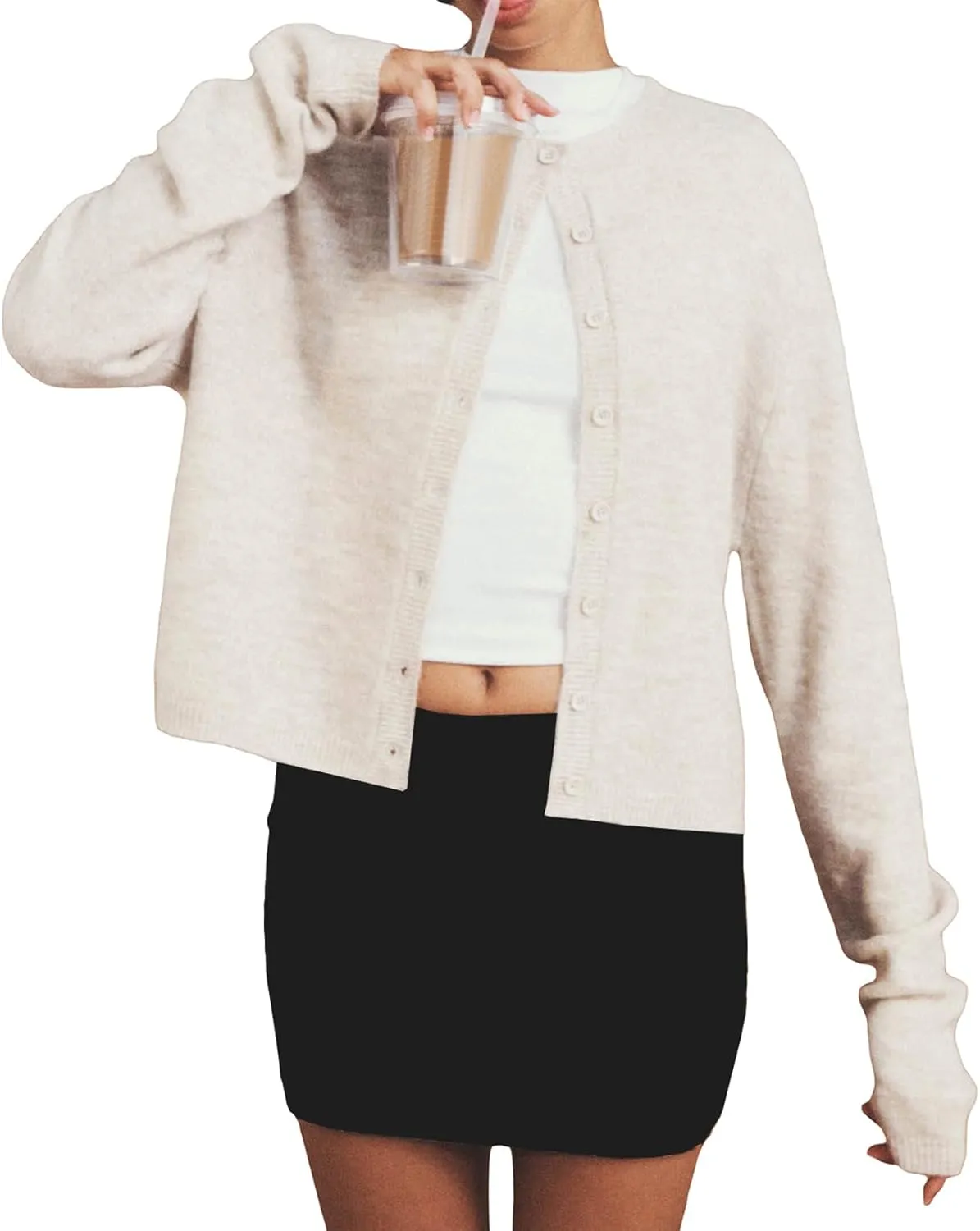 Women Y2k Crop Cardigan Long Sleeve Button Down Sweater Lightweight Solid Color Open Front Cute Knitted Tops