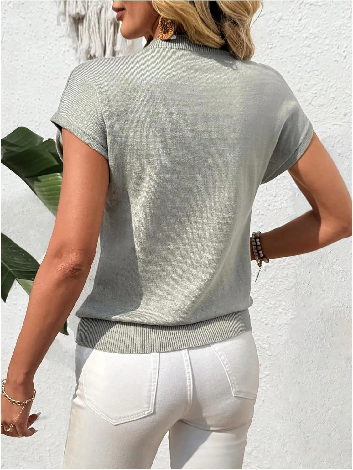 Women's Button Knit Dolman Short Sleeve Sweaters Mock Neck Elegant Pullover Tops Summer Knitwear
