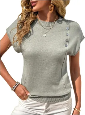 Women's Button Knit Dolman Short Sleeve Sweaters Mock Neck Elegant Pullover Tops Summer Knitwear