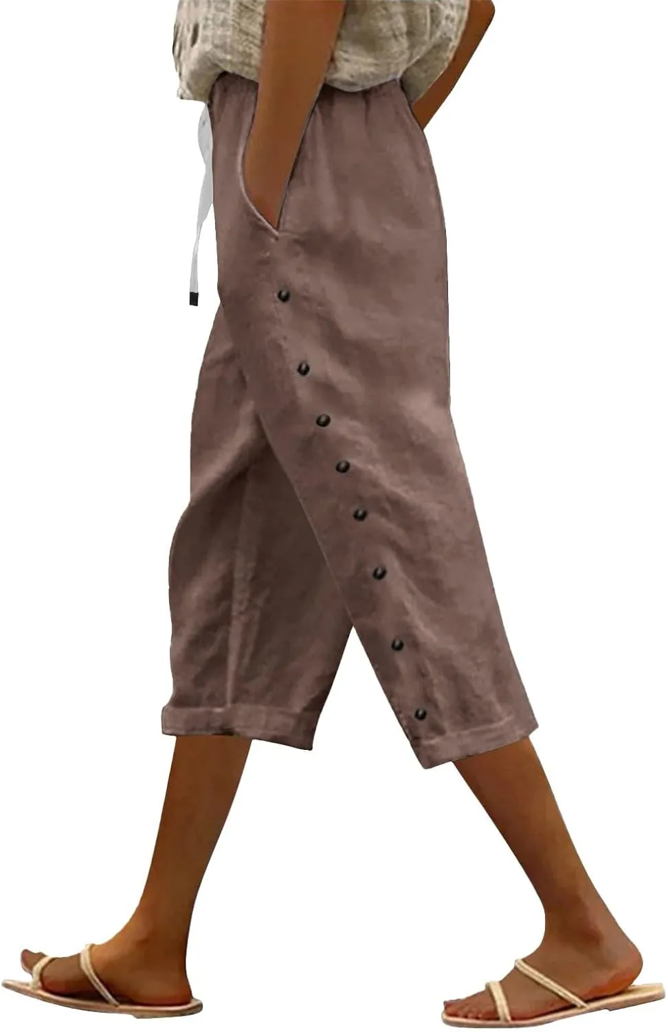 Women's Capri Pants Petite Side Button Elastic Waist Drawstring Lightweight Trousers with Pockets Dressy Casual