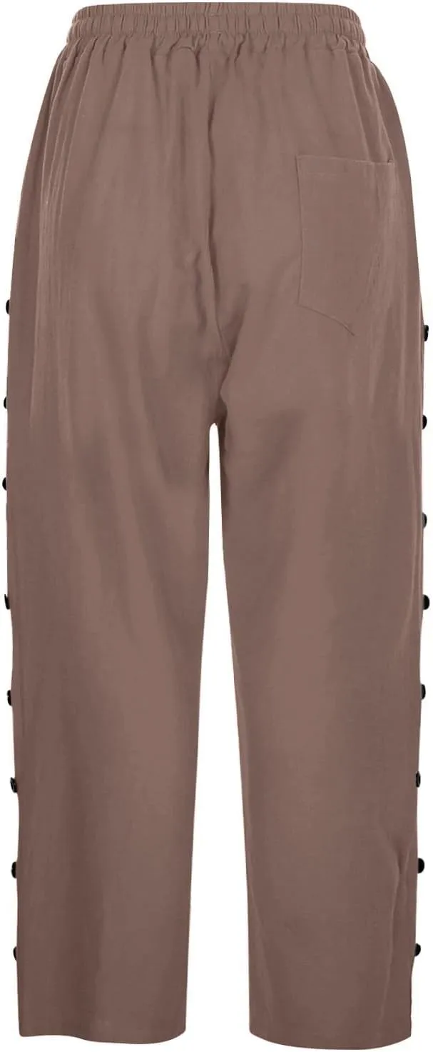 Women's Capri Pants Petite Side Button Elastic Waist Drawstring Lightweight Trousers with Pockets Dressy Casual
