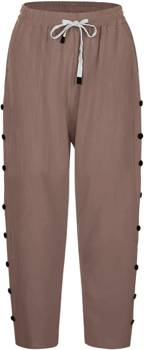 Women's Capri Pants Petite Side Button Elastic Waist Drawstring Lightweight Trousers with Pockets Dressy Casual