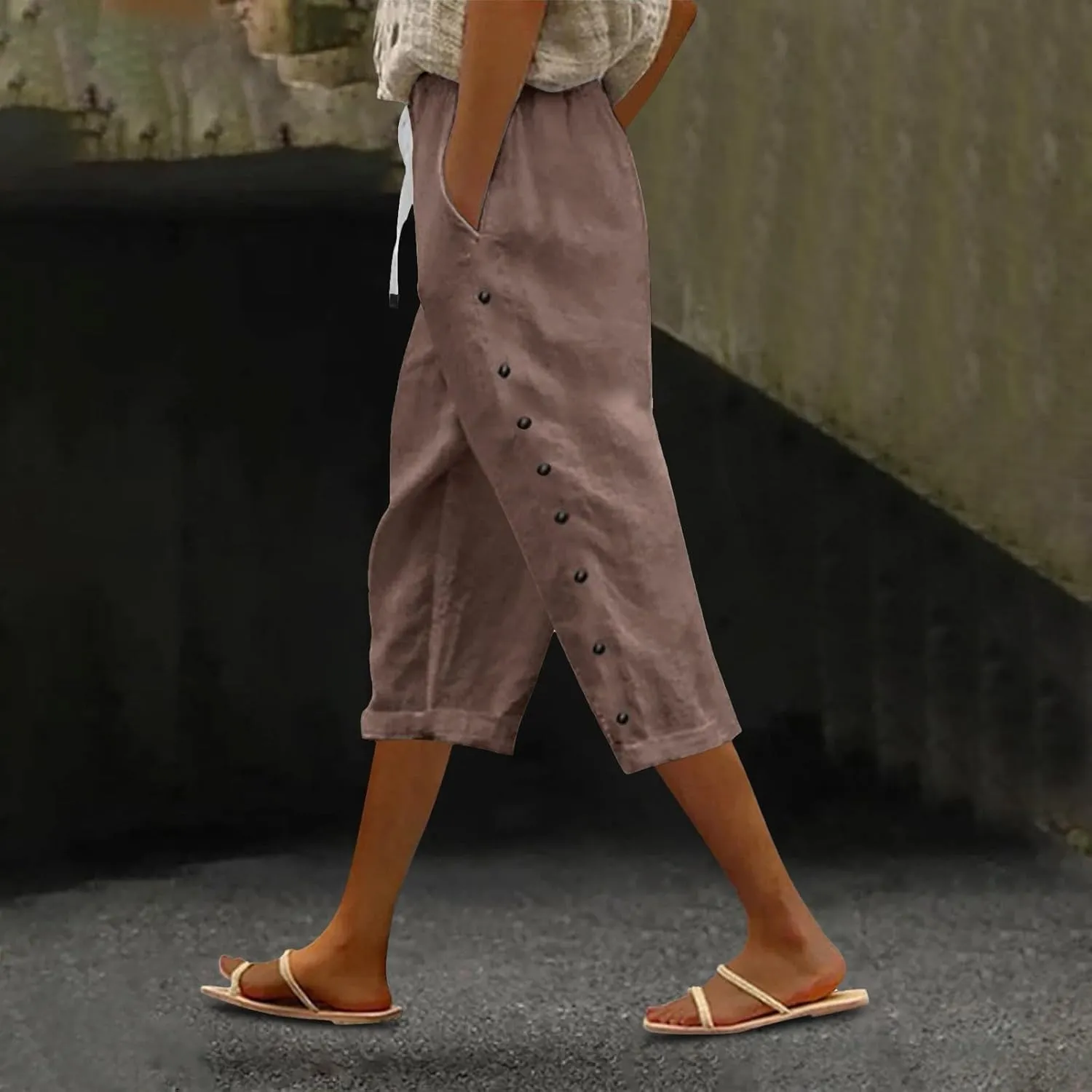 Women's Capri Pants Petite Side Button Elastic Waist Drawstring Lightweight Trousers with Pockets Dressy Casual