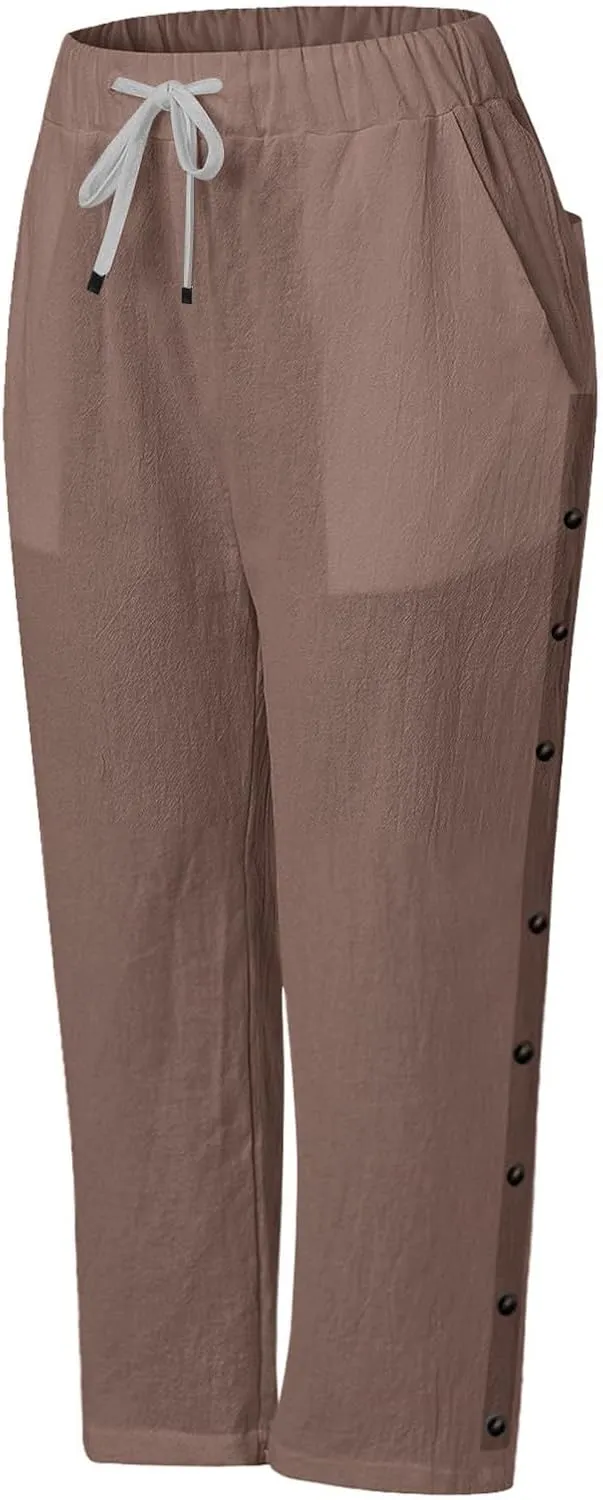 Women's Capri Pants Petite Side Button Elastic Waist Drawstring Lightweight Trousers with Pockets Dressy Casual
