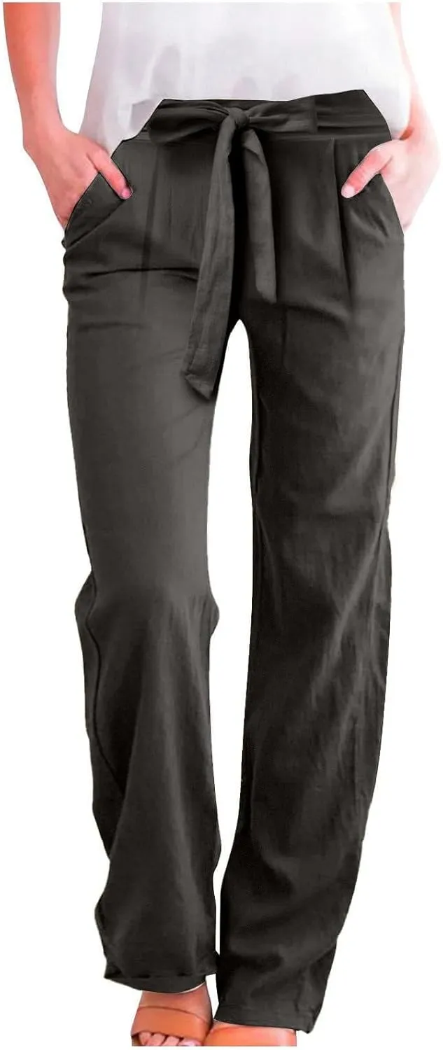 Womens Casual Cotton Linen Pants Drawstring High Waisted Pants Loose Fit Lounge Long Trousers with Pockets