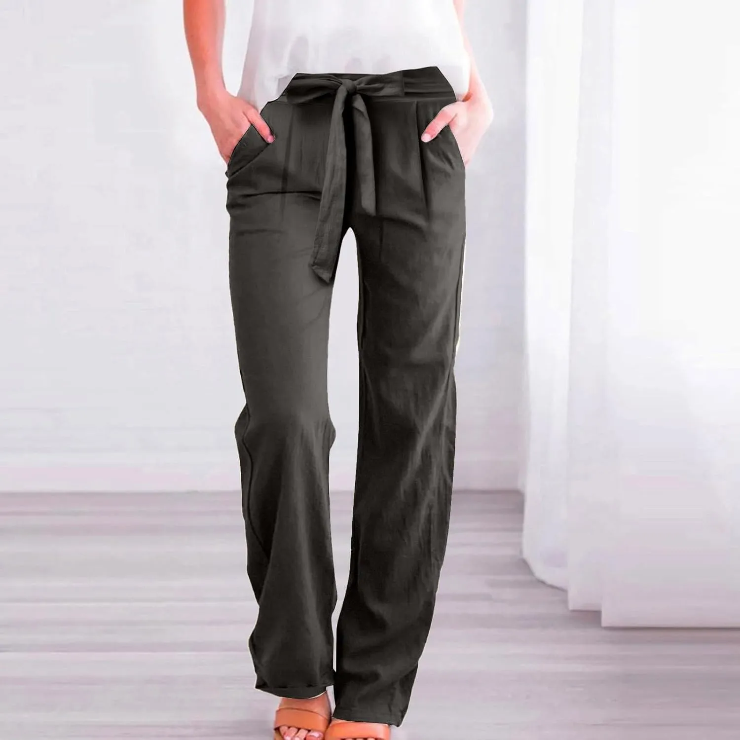 Womens Casual Cotton Linen Pants Drawstring High Waisted Pants Loose Fit Lounge Long Trousers with Pockets