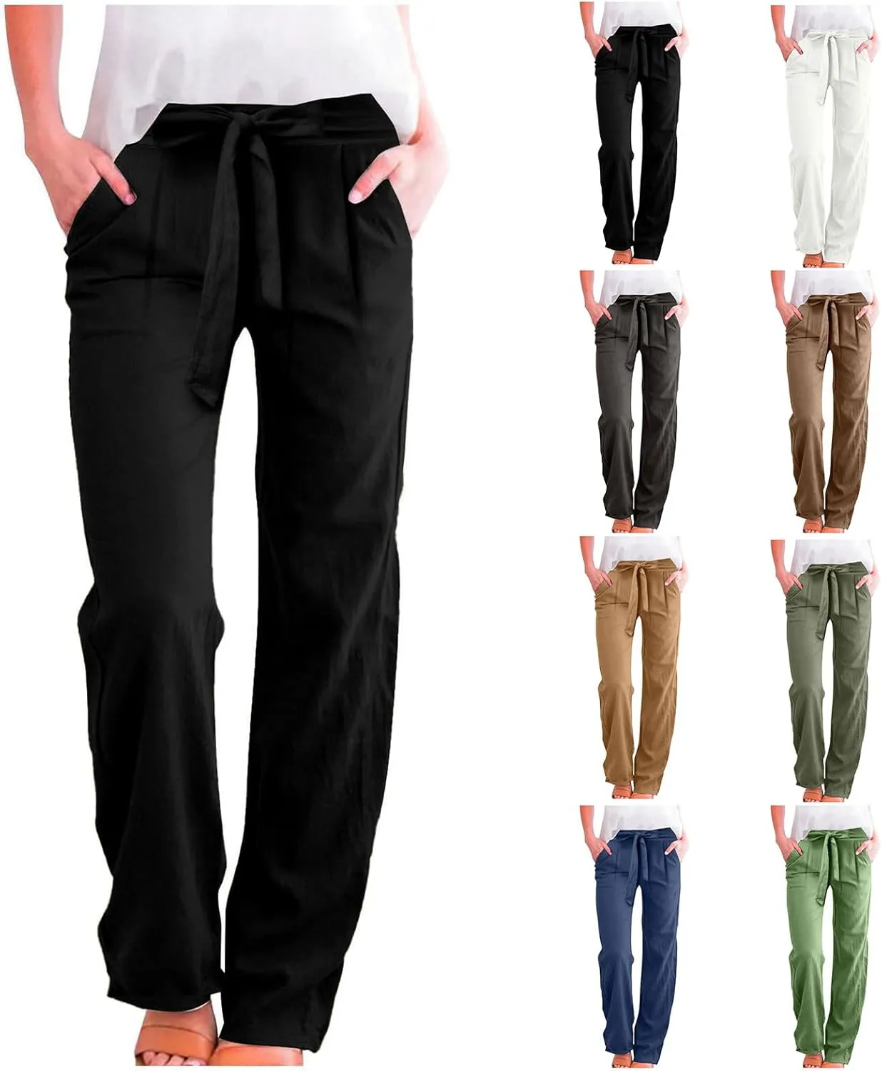 Womens Casual Cotton Linen Pants Drawstring High Waisted Pants Loose Fit Lounge Long Trousers with Pockets
