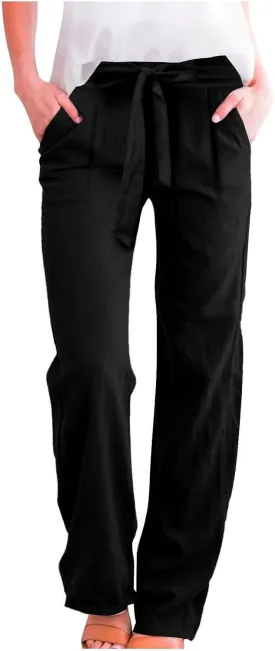 Womens Casual Cotton Linen Pants Drawstring High Waisted Pants Loose Fit Lounge Long Trousers with Pockets