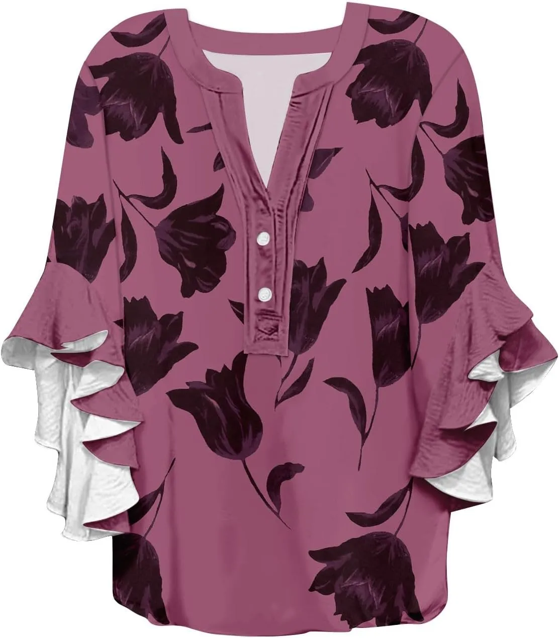 Women's Clothing 3/4 Ruffle Sleeves V Neck Tops Trendy Vintage Floral Boho Blouses Button Tunic Vacation Tee Shirts
