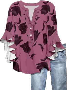 Women's Clothing 3/4 Ruffle Sleeves V Neck Tops Trendy Vintage Floral Boho Blouses Button Tunic Vacation Tee Shirts