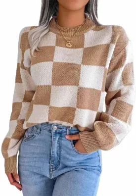 Women's Color Block Checkered Crew Neck Long Sleeve Y2K Plaid Knitted Pullover Sweater Tops Vintage Preppy Style Knitwear