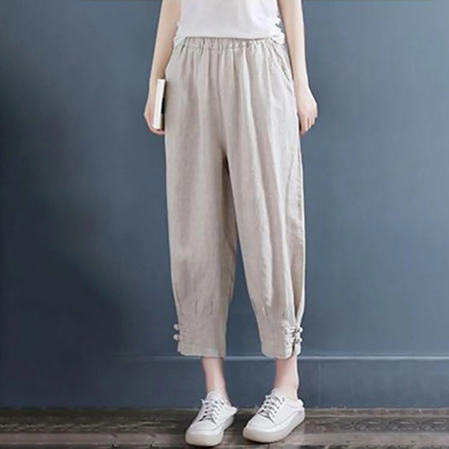 Women's Cropped Harem Pants Casual Elastic High Waisted Tapered Trousers with Pockets Casual Loose Lightweight Pant