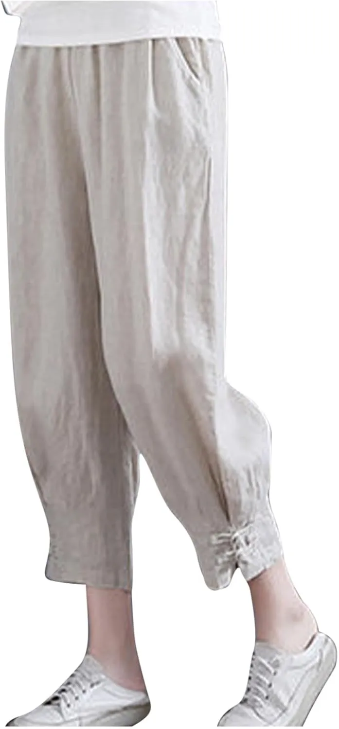 Women's Cropped Harem Pants Casual Elastic High Waisted Tapered Trousers with Pockets Casual Loose Lightweight Pant