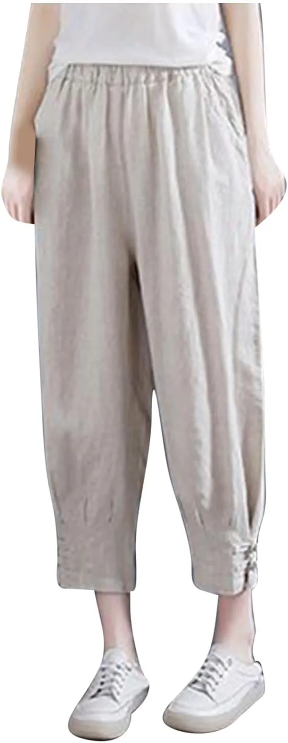 Women's Cropped Harem Pants Casual Elastic High Waisted Tapered Trousers with Pockets Casual Loose Lightweight Pant