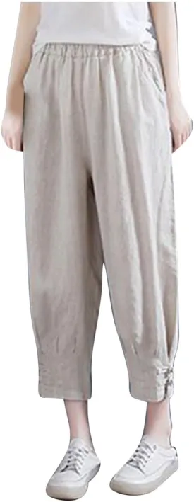 Women's Cropped Harem Pants Casual Elastic High Waisted Tapered Trousers with Pockets Casual Loose Lightweight Pant