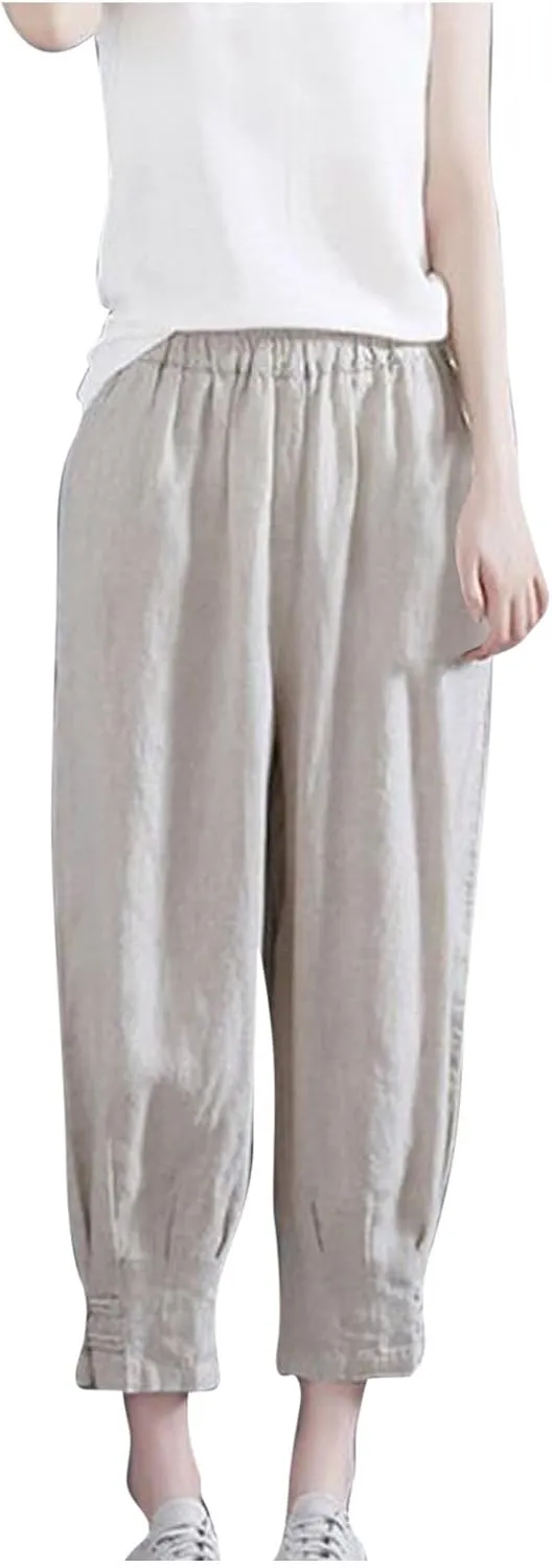 Women's Cropped Harem Pants Casual Elastic High Waisted Tapered Trousers with Pockets Casual Loose Lightweight Pant
