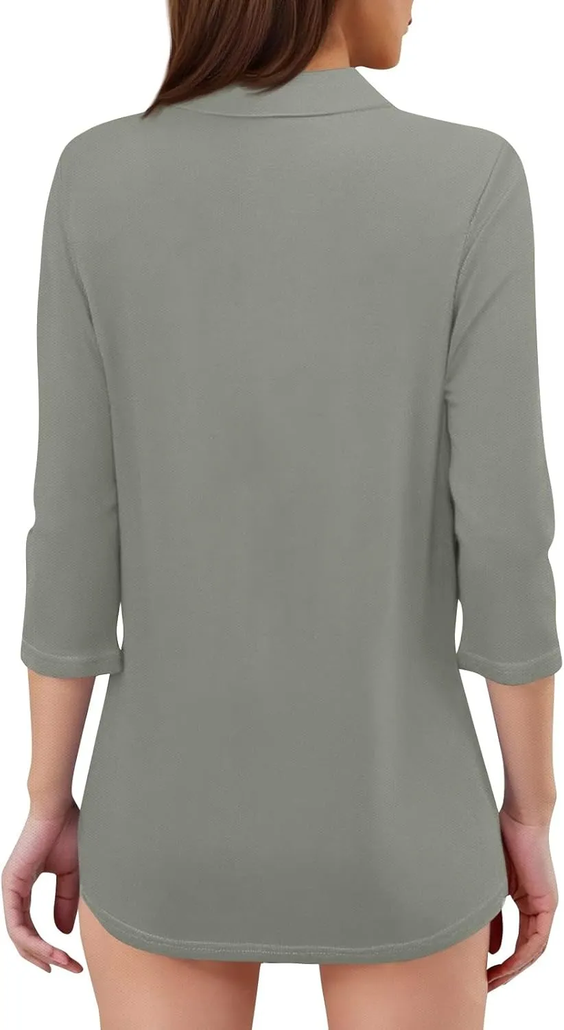 Women's Fashion Shirt Collared 3/4 Length Sleeve Solid Color Blouse Summer 2025 V Neck Polo Business Work Tops