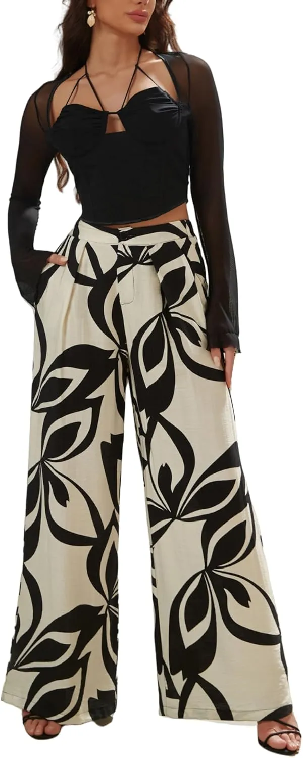 Women's High Waisted Wide Leg Work Pants Casual Button Down Business Trousers