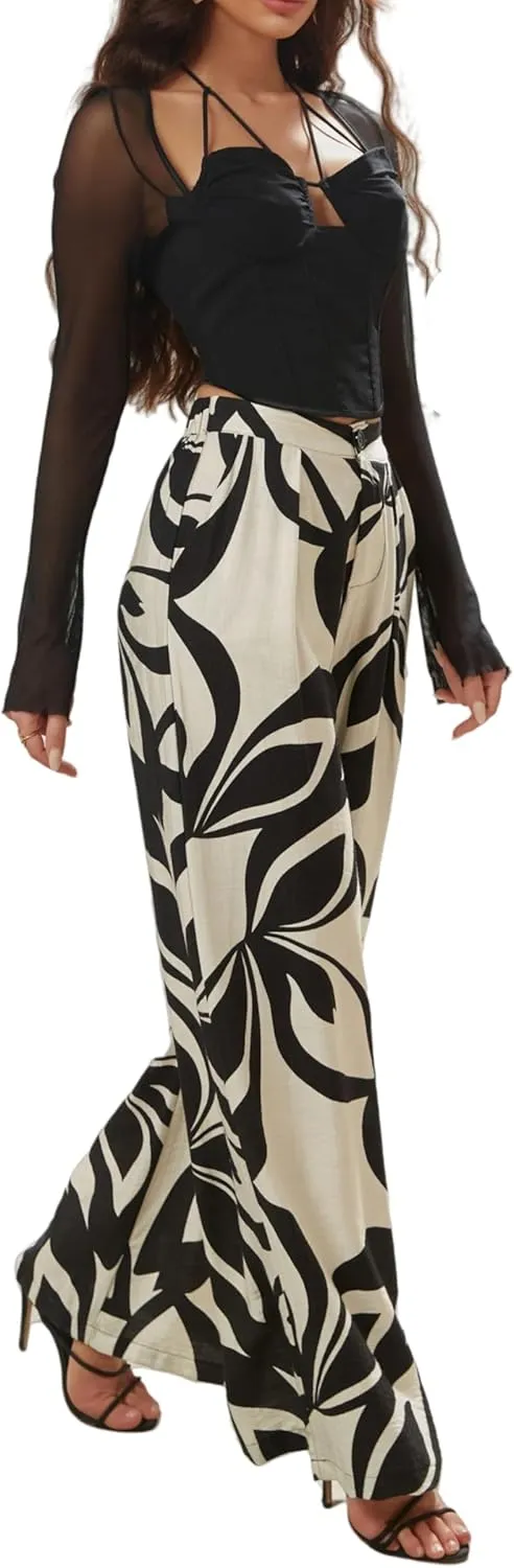 Women's High Waisted Wide Leg Work Pants Casual Button Down Business Trousers