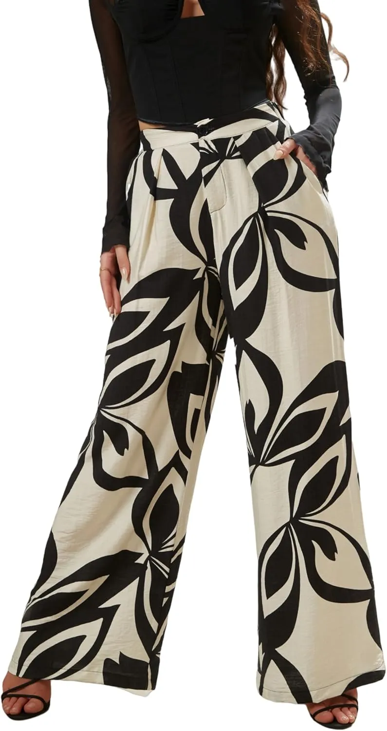 Women's High Waisted Wide Leg Work Pants Casual Button Down Business Trousers