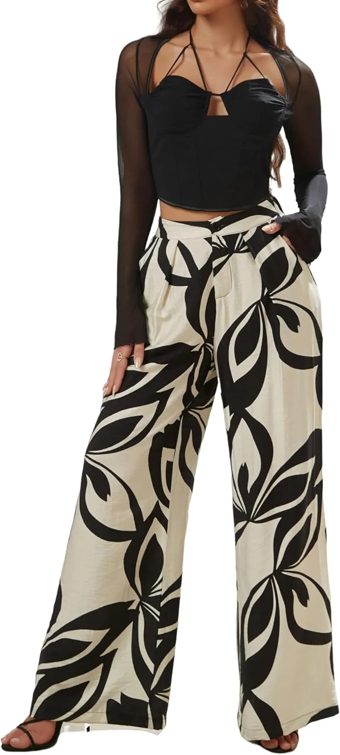 Women's High Waisted Wide Leg Work Pants Casual Button Down Business Trousers