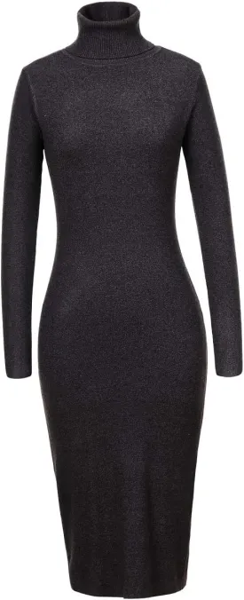 Womens Knee Length Knitted Ribbed Winter Turtleneck Bodycon Sweater Dresses 7628
