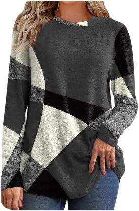Womens Long Sleeve Tops Casual Women's Long Sleeve Crewneck Trendy Fleece Contrast Loose Fitting Casual Tunic Top Blouse