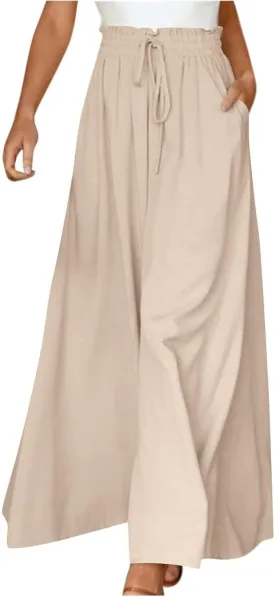 Womens Palazzo Pants Elastic Waist High Waisted Culottes Pants Loose Fit Elegant Flowy Vacation Pants with Pockets