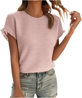 Womens Short Sleeve Tops Round Neck Ruffle Casual Summer Textured Work Daily Tunics Tees Fashion T Shirts Tee Blouse