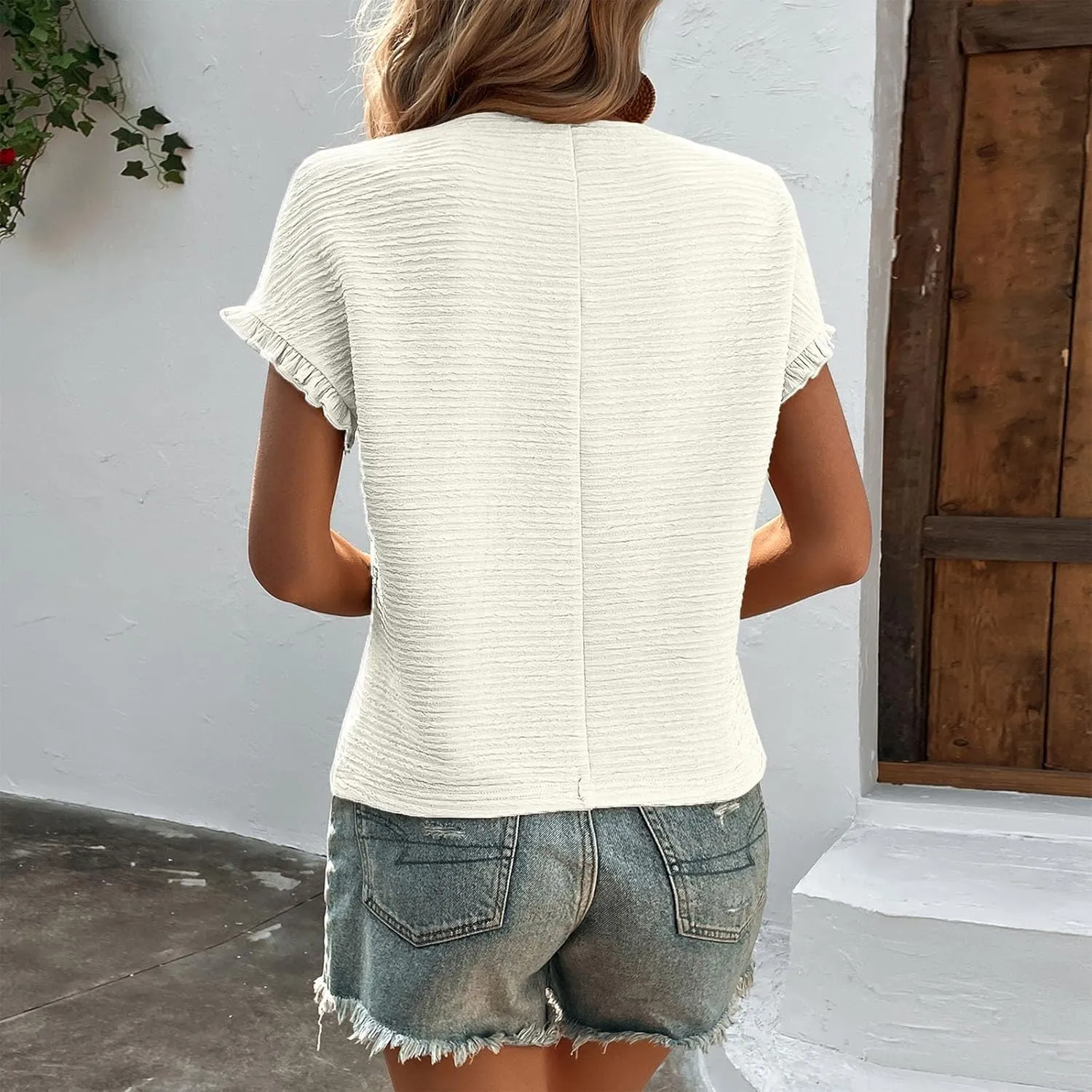 Womens Short Sleeve Tops Round Neck Ruffle Casual Summer Textured Work Daily Tunics Tees Fashion T Shirts Tee Blouse