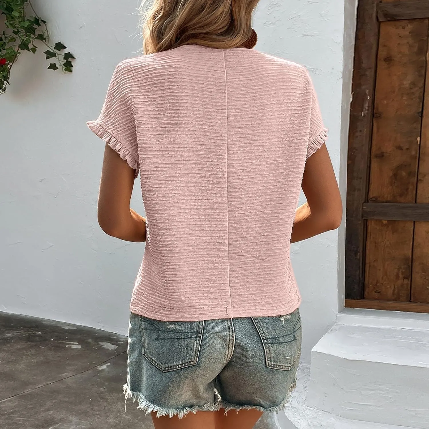 Womens Short Sleeve Tops Round Neck Ruffle Casual Summer Textured Work Daily Tunics Tees Fashion T Shirts Tee Blouse