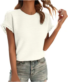 Womens Short Sleeve Tops Round Neck Ruffle Casual Summer Textured Work Daily Tunics Tees Fashion T Shirts Tee Blouse
