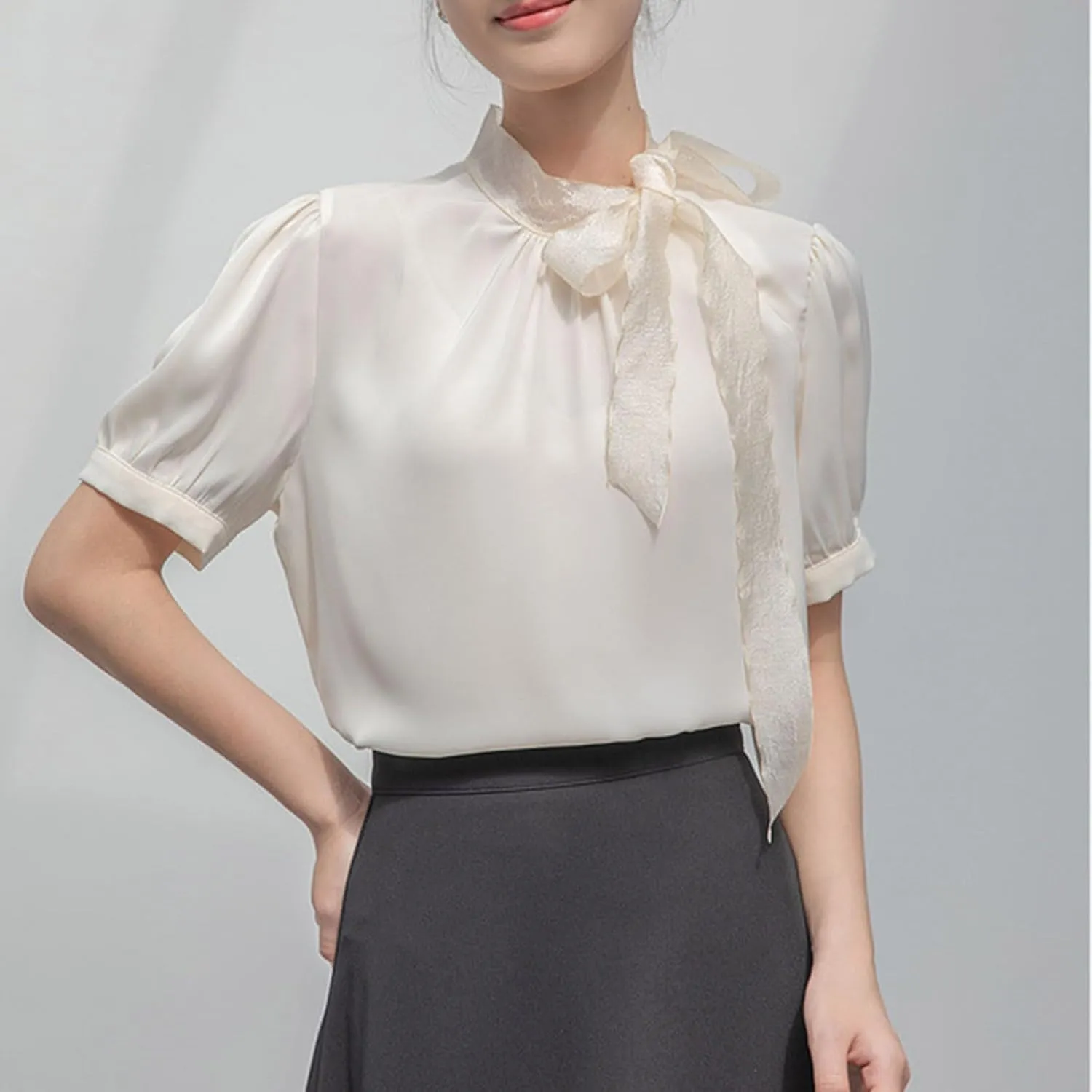Womens Short Sleeves T-Shirts Summer Fashion Mock Neck Bow Tie Pleated Tops Loose Elegnat Comfy Casual Tee Shirts