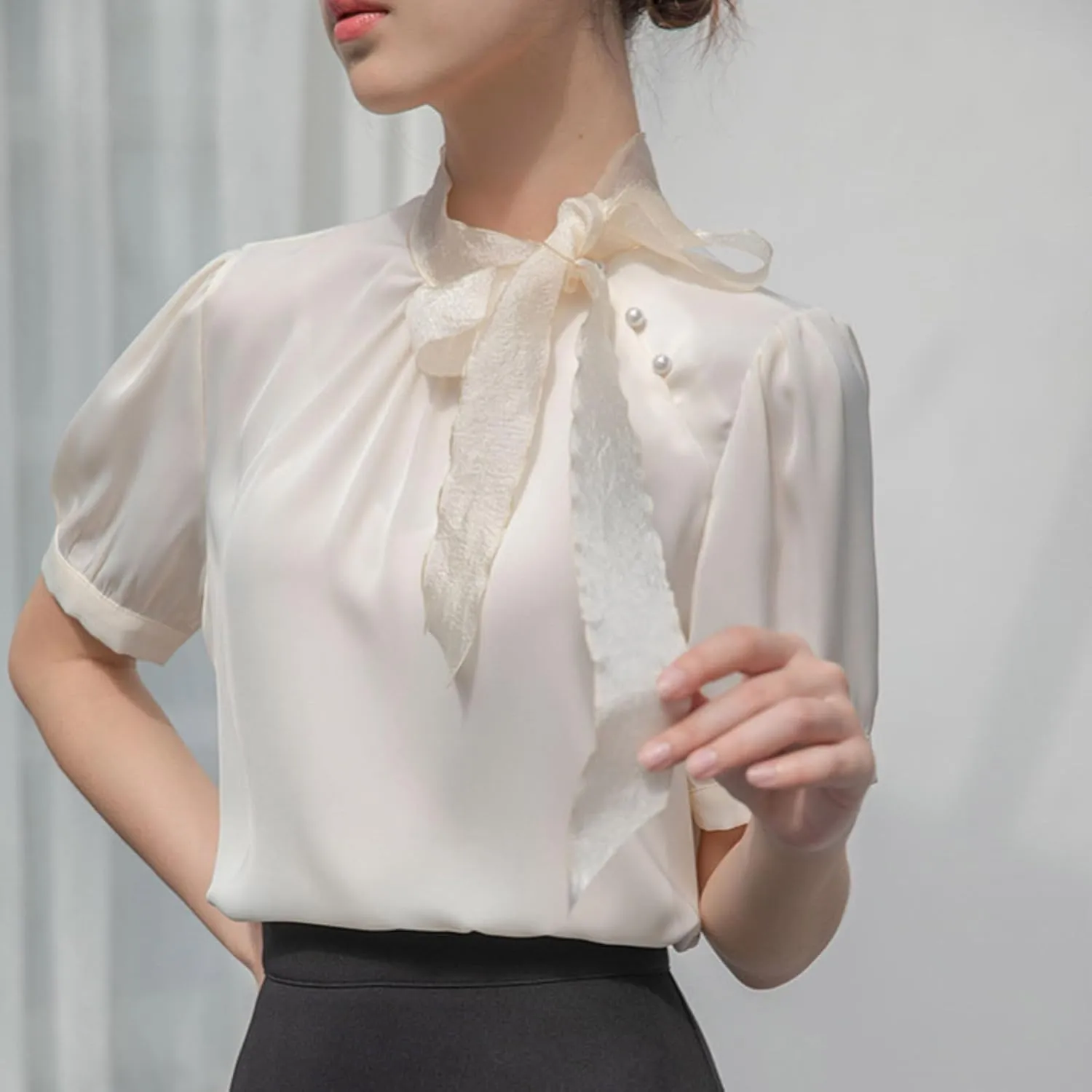 Womens Short Sleeves T-Shirts Summer Fashion Mock Neck Bow Tie Pleated Tops Loose Elegnat Comfy Casual Tee Shirts